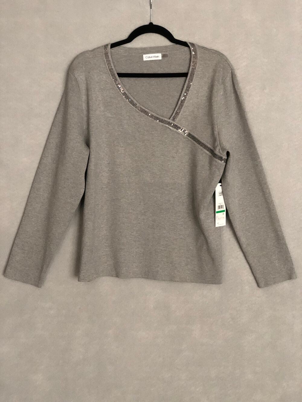 Calvin Klein Sweater Cross Front Gray Women's Large NEW